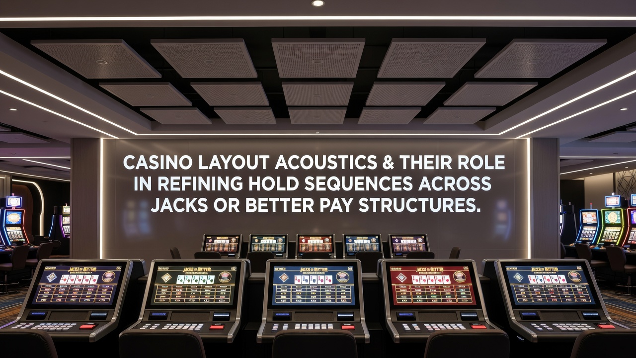 Detailansicht eines Video-Poker-Terminals mit akustischer Abschirmung und umgebender Casino-Architektur