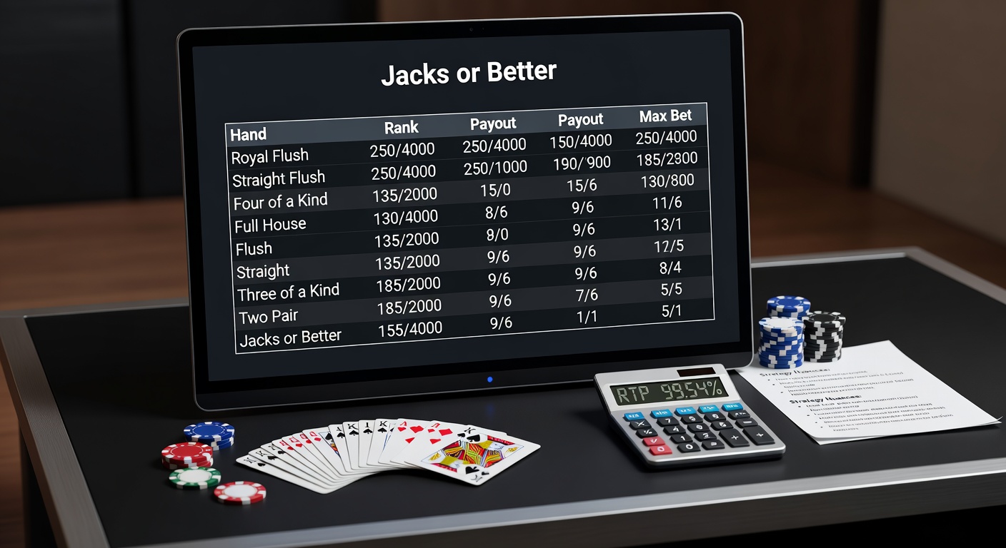 Darstellung einer klassischen 9/6 Jacks or Better Video-Poker-Maschine mit leuchtendem Bildschirm und Auszahlungstabelle