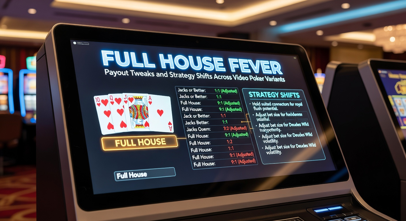 Video-Poker-Maschine mit Full-House-Anzeige, die typische Payout-Tabellen für Varianten wie Double Bonus zeigt
