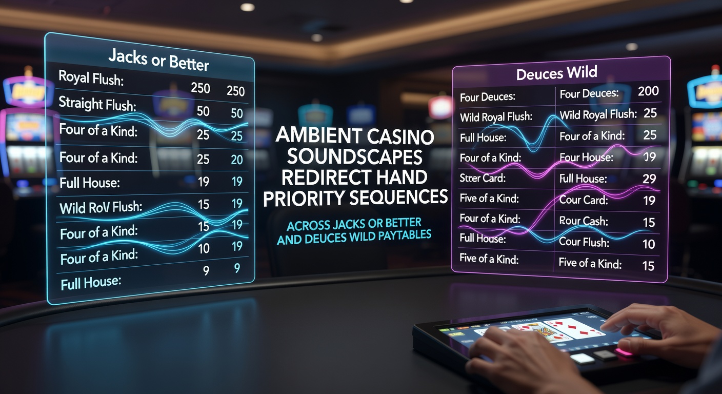 Casino floor with ambient lighting and video poker machines showing Jacks or Better and Deuces Wild paytables