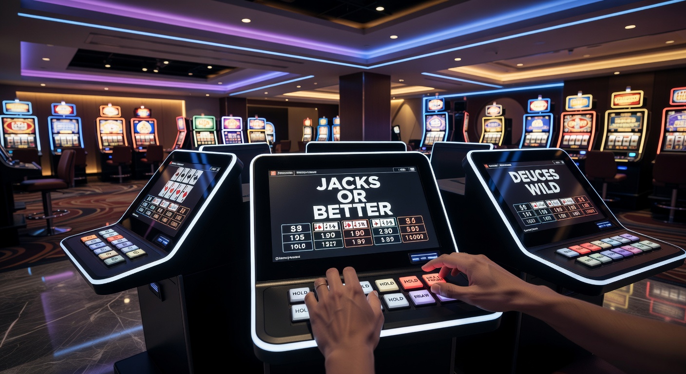 Close-up of video poker screen displaying Deuces Wild paytable with surrounding casino ambient elements