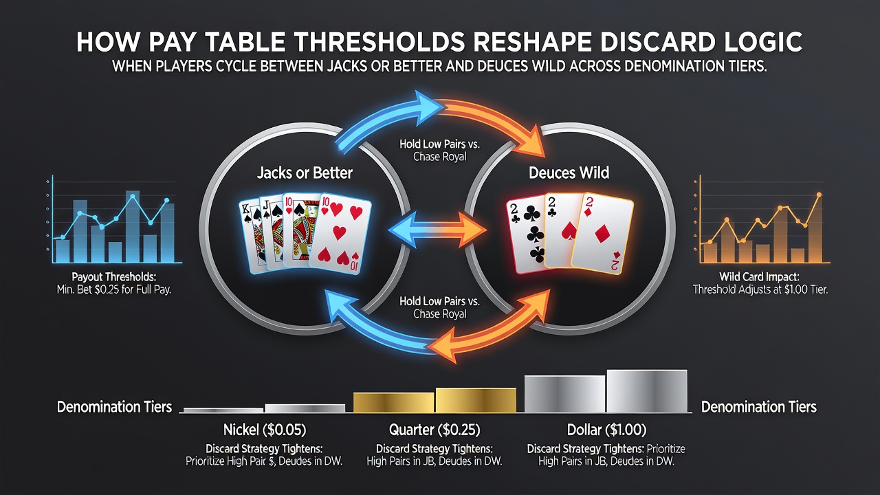 Diagramm zeigt Auszahlungstabellen und Ablegeentscheidungen in Video Poker Varianten über Denominationen