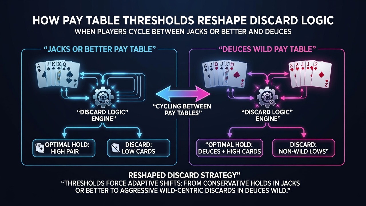 Vergleich der Discard-Logik in Jacks or Better und Deuces Wild über verschiedene Münzwerte