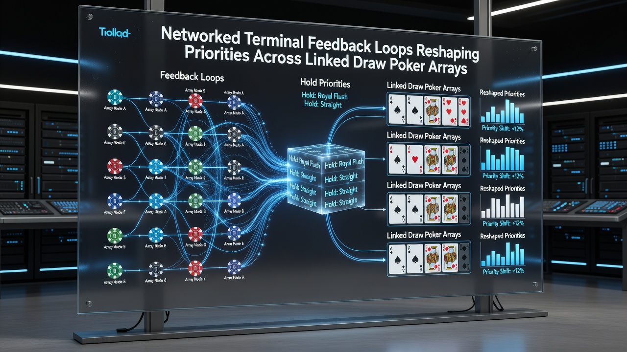Detailansicht eines Arrays von Draw-Poker-Terminals mit Netzwerkverbindungen und Datenfluss